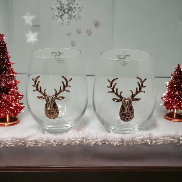 Unbranded Dining Stag Deer Reindeer Wine Glasses Set Brass Stemless
